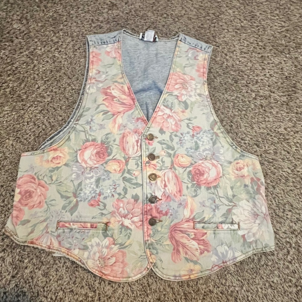 Vintage Zena Floral Denim Vest Acid Wash Made in USA Large 90s Waistcoat